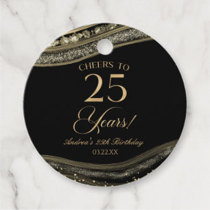 Elegant Black Gold Agate 25th Birthday Party Favor Tags