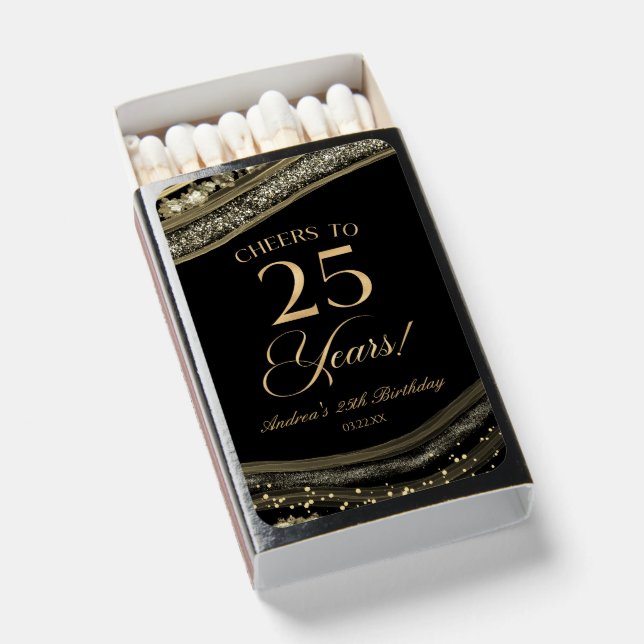 Elegant Black Gold Agate 25th Birthday Party Matchboxes (Front Open)
