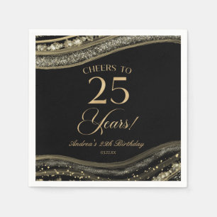 Elegant Black Gold Agate 25th Birthday Party Napkins