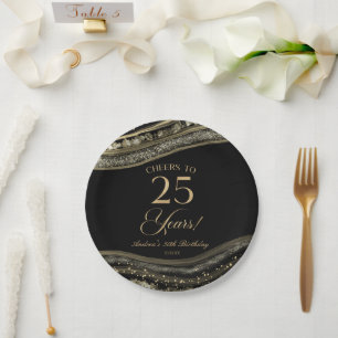 Elegant Black Gold Agate 25th Birthday Party Paper Plates