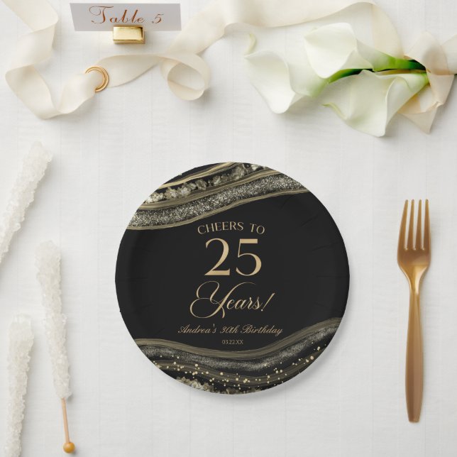 Elegant Black Gold Agate 25th Birthday Party Paper Plates (Wedding)