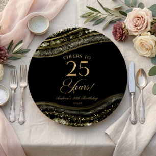 Elegant Black Gold Agate 25th Birthday Party Paper Plates