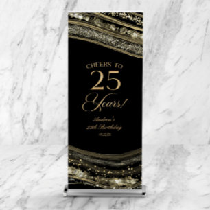 Elegant Black Gold Agate 25th Birthday Party Retractable Banner