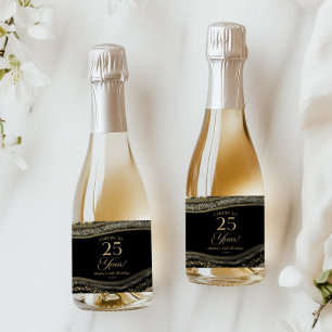 Elegant Black Gold Agate 25th Birthday Party Sparkling Wine Label