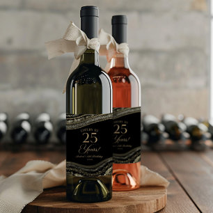 Elegant Black Gold Agate 25th Birthday Party Wine Label