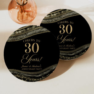 Elegant Black Gold Agate 30th Anniversary Party Paper Plates