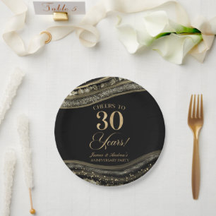 Elegant Black Gold Agate 30th Anniversary Party Paper Plates