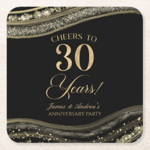 Elegant Black Gold Agate 30th Anniversary Party Square Paper Coaster