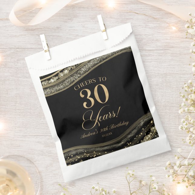 Elegant Black Gold Agate 30th Birthday Party Favor Bag (Clipped)