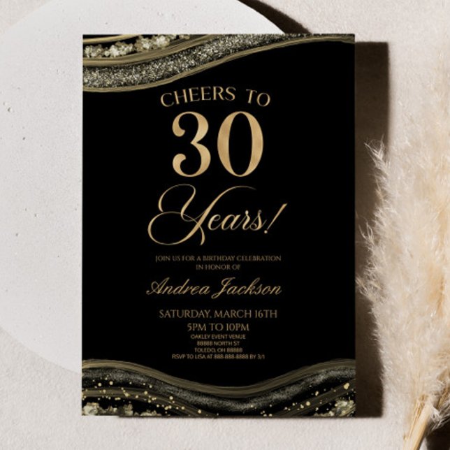 Elegant Black Gold Agate 30th Birthday Party Invitation (Creator Uploaded)