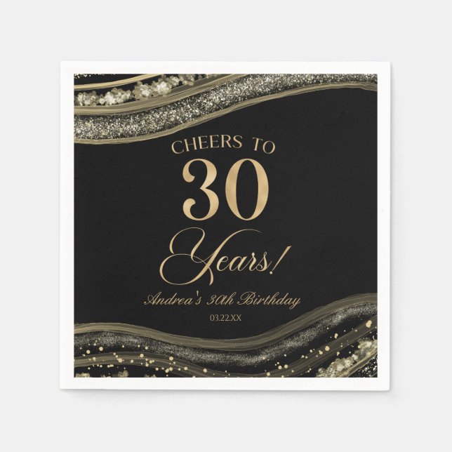 Elegant Black Gold Agate 30th Birthday Party Napkins (Front)
