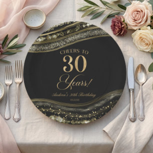 Elegant Black Gold Agate 30th Birthday Party Paper Plates
