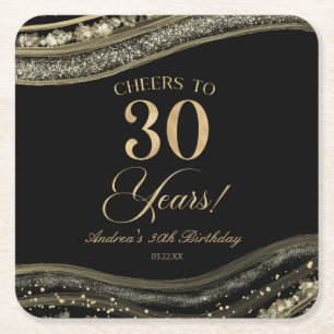 Elegant Black Gold Agate 30th Birthday Party Square Paper Coaster