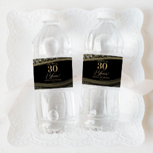 Elegant Black Gold Agate 30th Birthday Party Water Bottle Label