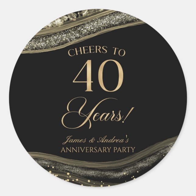 Elegant Black Gold Agate 40th Anniversary Party Classic Round Sticker (Front)