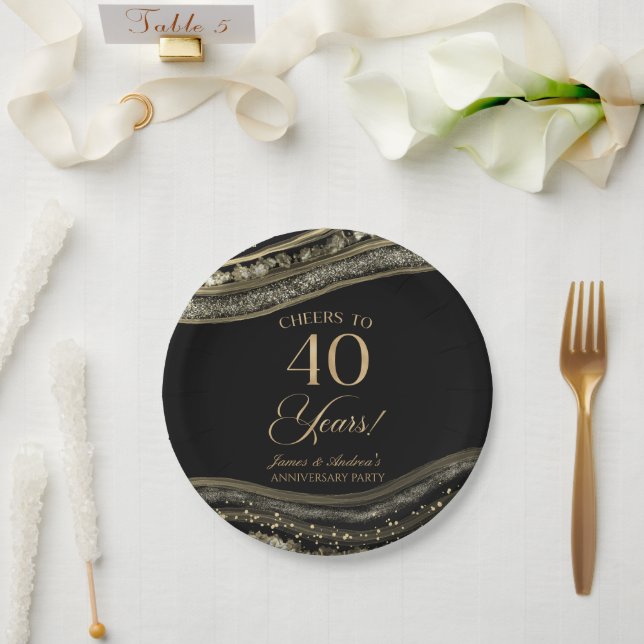 Elegant Black Gold Agate 40th Anniversary Party Paper Plates (Wedding)