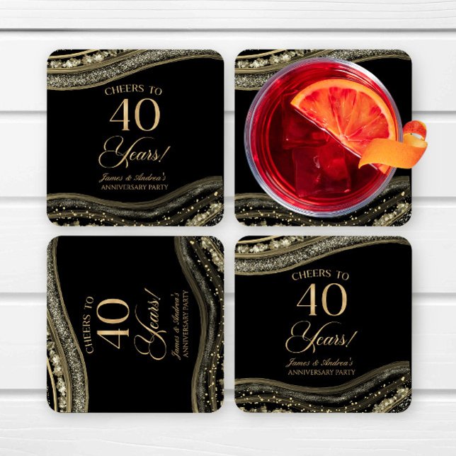 Elegant Black Gold Agate 40th Anniversary Party Square Paper Coaster (Creator Uploaded)