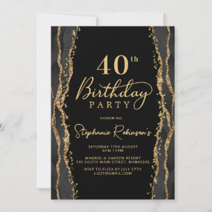 Elegant Black Gold Agate 40th Birthday Invitation