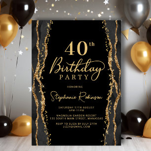 Elegant Black Gold Agate 40th Birthday Invitation