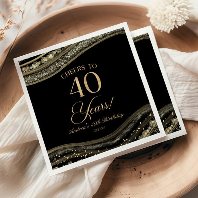 Elegant Black Gold Agate 40th Birthday Party Napkins (Creator Uploaded)