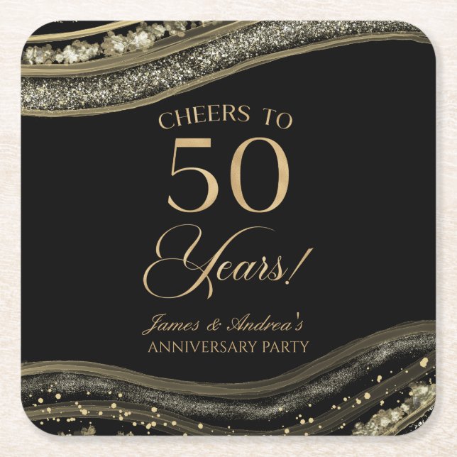 Elegant Black Gold Agate 50th Anniversary Party Square Paper Coaster (Front)