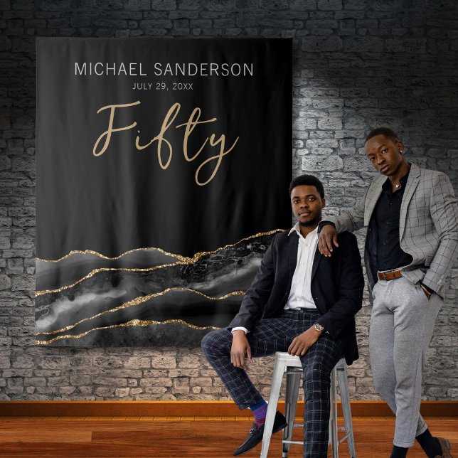 Elegant Black Gold Agate 50th Birthday Backdrop (Creator Uploaded)