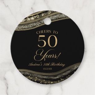 Elegant Black Gold Agate 50th Birthday Party Favor Tags