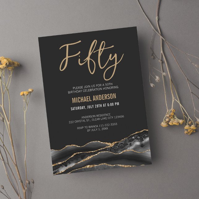 Elegant Black Gold Agate 50th Birthday Party Invitation (Creator Uploaded)