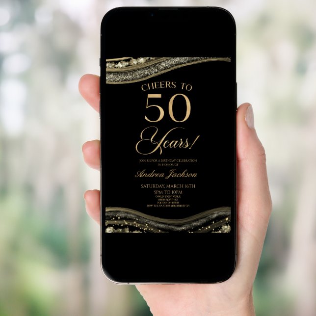 Elegant Black Gold Agate 50th Birthday Party Invitation (Front Digital)