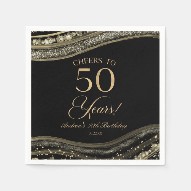 Elegant Black Gold Agate 50th Birthday Party Napkins (Front)
