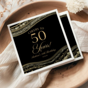 Elegant Black Gold Agate 50th Birthday Party Napkins