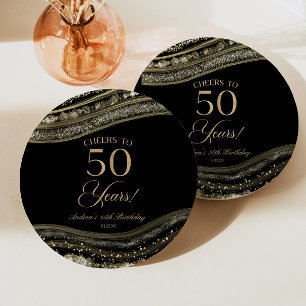 Elegant Black Gold Agate 50th Birthday Party Paper Plates