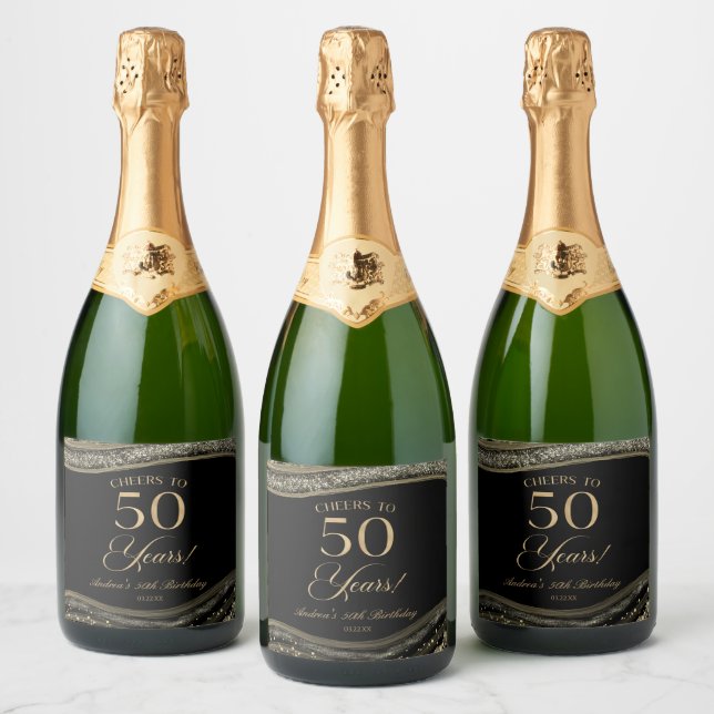 Elegant Black Gold Agate 50th Birthday Party Sparkling Wine Label (Bottles)