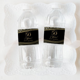 Elegant Black Gold Agate 50th Birthday Party Water Bottle Label
