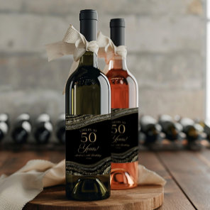 Elegant Black Gold Agate 50th Birthday Party Wine Label