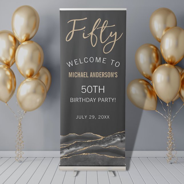 Elegant Black Gold Agate 50th Birthday Welcome Retractable Banner (Creator Uploaded)