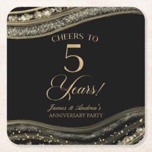 Elegant Black Gold Agate 5th Anniversary Party Square Paper Coaster