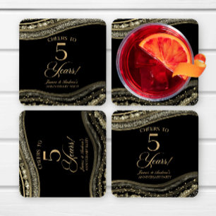 Elegant Black Gold Agate 5th Anniversary Party Square Paper Coaster