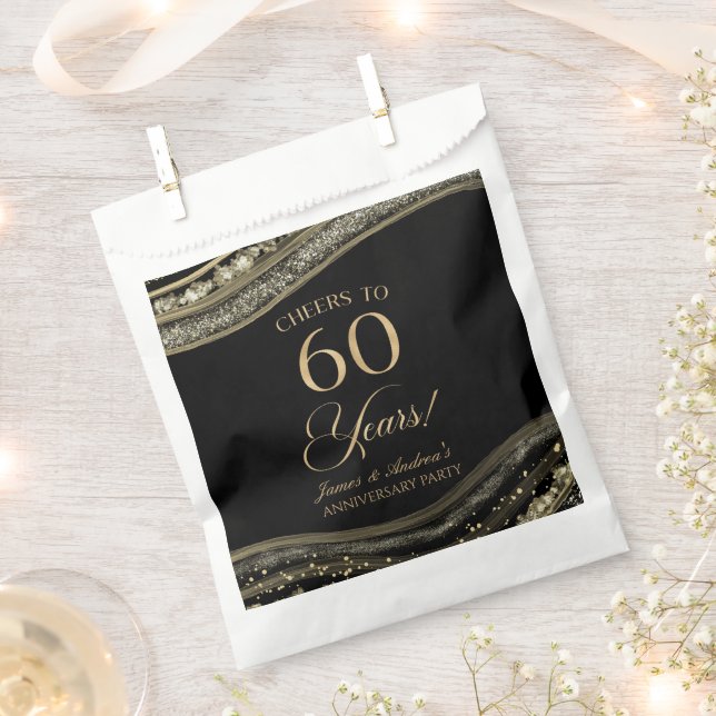 Elegant Black Gold Agate 60th Anniversary Party Favor Bag (Clipped)
