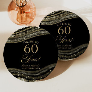 Elegant Black Gold Agate 60th Anniversary Party Paper Plates