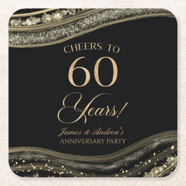 Elegant Black Gold Agate 60th Anniversary Party Square Paper Coaster (Front)