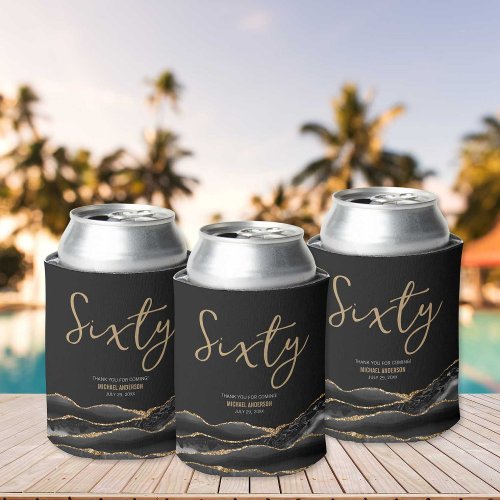 Elegant Black Gold Agate 60th Birthday Party Can Cooler