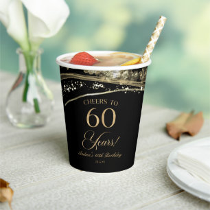 Elegant Black Gold Agate 60th Birthday Party Paper Cups