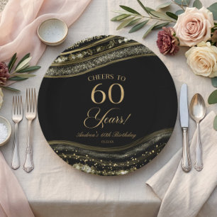 Elegant Black Gold Agate 60th Birthday Party Paper Plates