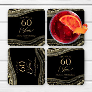 Elegant Black Gold Agate 60th Birthday Party Square Paper Coaster