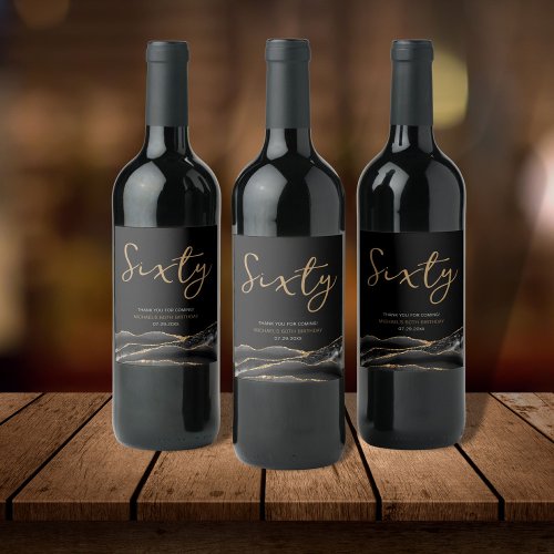 Elegant Black Gold Agate 60th Birthday  Wine Label
