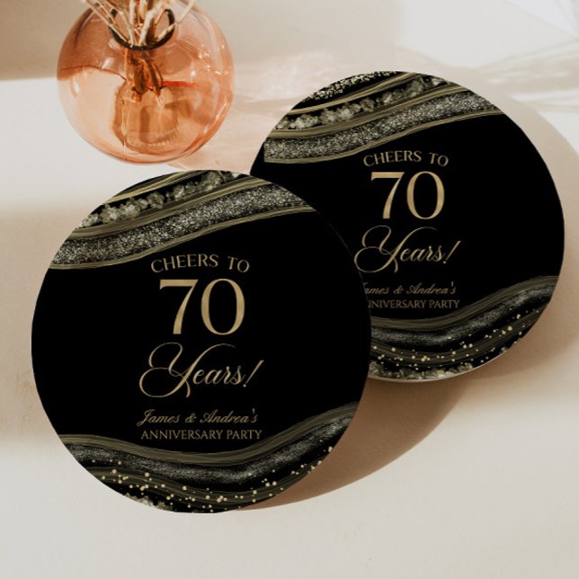 Elegant Black Gold Agate 70th Anniversary Party Paper Plates (Creator Uploaded)