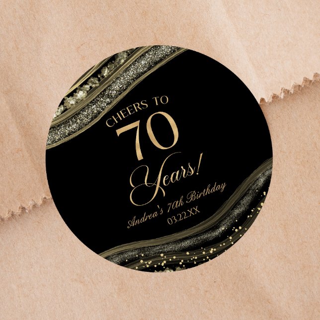 Elegant Black Gold Agate 70th Birthday Party Classic Round Sticker (Creator Uploaded)