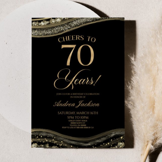 Elegant Black Gold Agate 70th Birthday Party Invitation (Creator Uploaded)