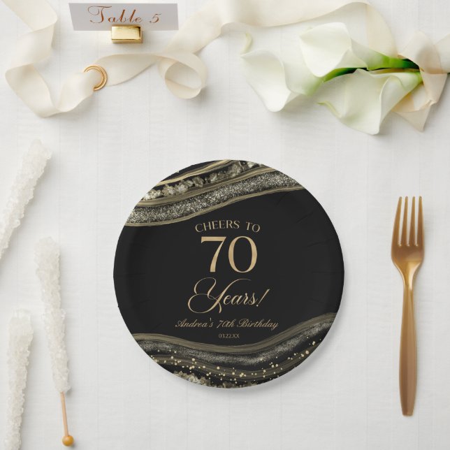 Elegant Black Gold Agate 70th Birthday Party Paper Plates (Wedding)